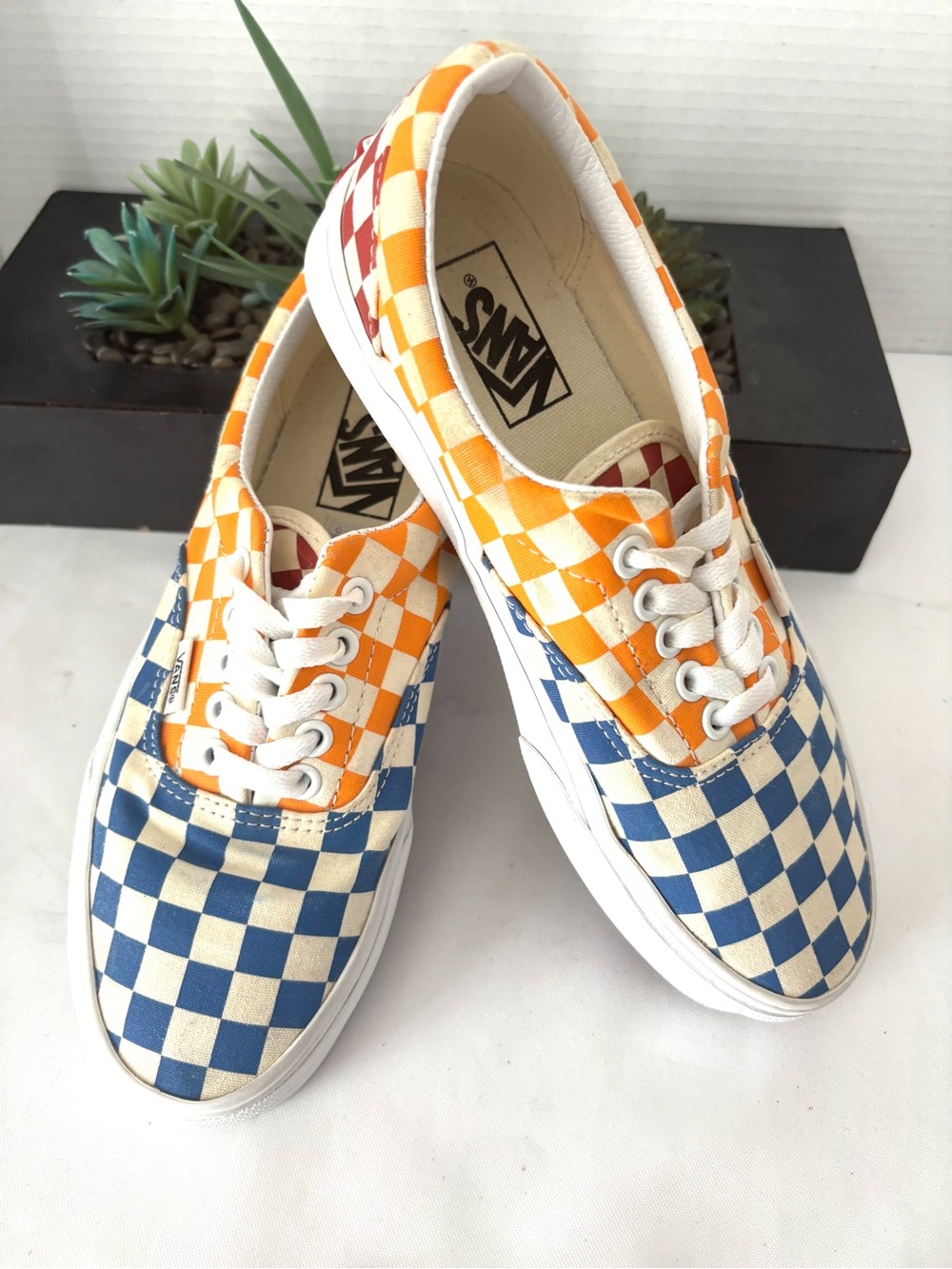VANS  Checkerboard Lace-Up Sneakers in Blue, Orange & Cream White Lace-Up SZ 8-5